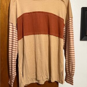 Source Unknown Tan and Brown Striped Blouse